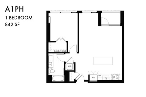 A black and white image of a floor plan for a 1 bedroom apartment.